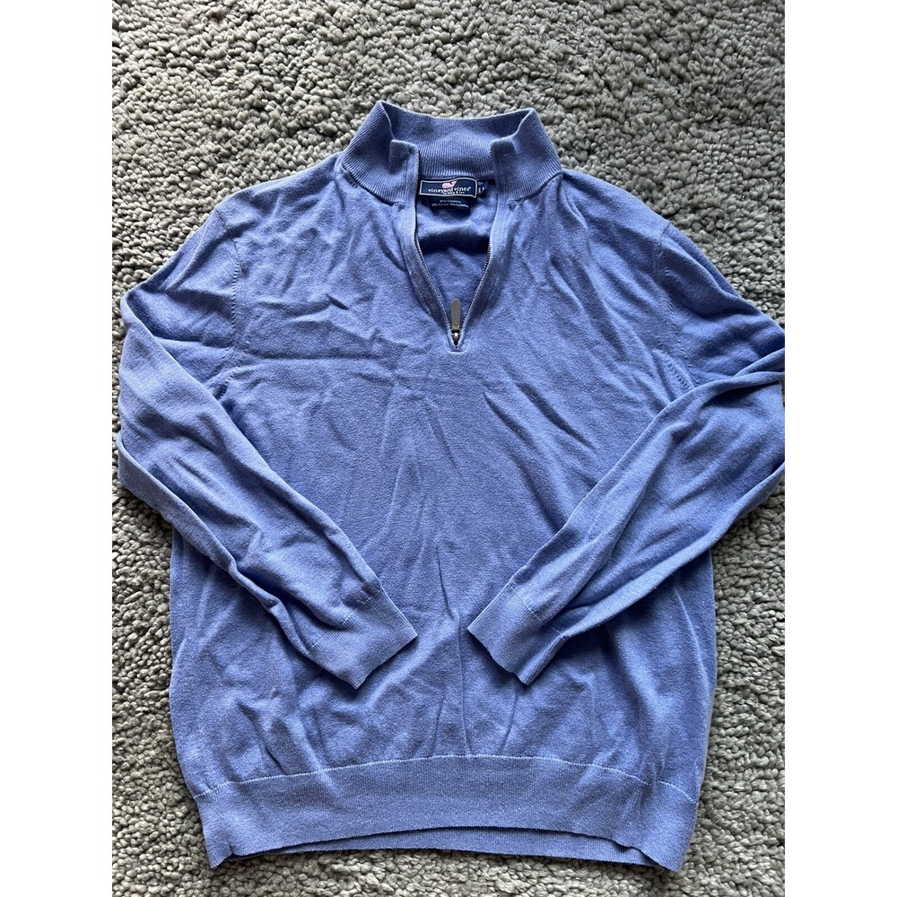 Vineyard Vines Quarter Zip Sweater - Light Blue - Cotton/Cashmere 85/15 -‎ Large